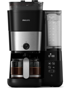 مكينة تحضير القهوة فيليبس الكل في واحد صانع القهوة بالتنقيط مع طاحونة مدمجة ، باللونين الأسود والفضي ، سعة 1.25 لتر مطحنة مدمجة ، مؤقت حاوية لنوعين من